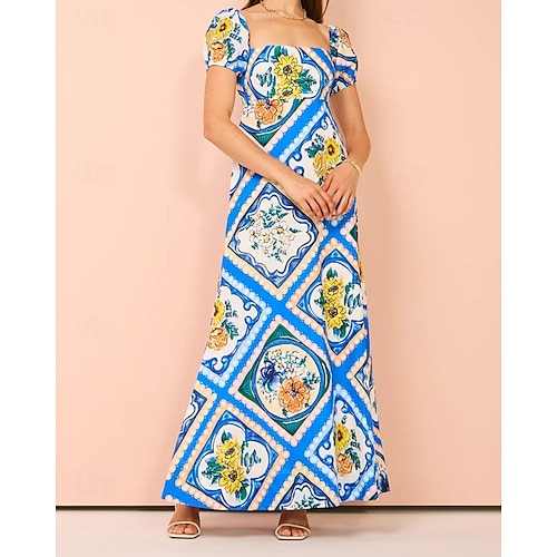  Damen Langes Kleid Maxikleid Baumwoll-Leinen-Kleider Freizeitkleid Mode Outdoor Party Ferien Normale Passform Blume Kurzarm Quadrathals Blau Sommer