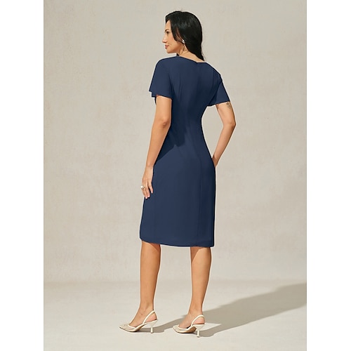  Robe à Plusieurs Couches Femme Robe mi-longue Noeud torsadé robe demoiselle d honneur Soirée Cocktail Elégant Grande occasion Col Ras du Cou Manche Courte Standard Bleu de minuit S M L XL XXL