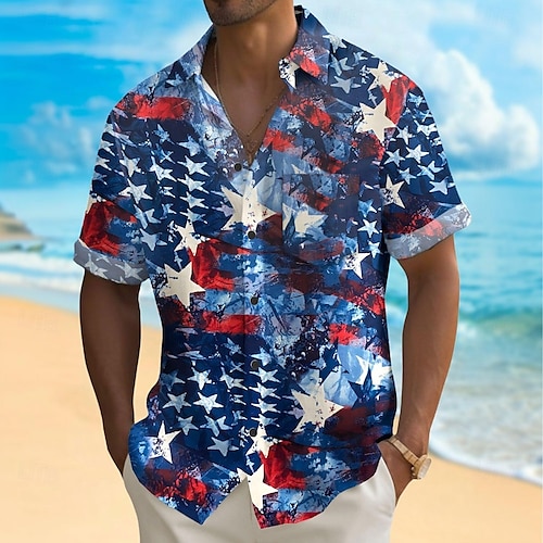  Independence Day Men's Stars US Flag Patriotic Shirt Summer Shirt Button Up Shirt Short Sleeve Fashion Casual Holiday Summer Spring Turndown 3D Print Collared Shirts Front One Pocket Blue