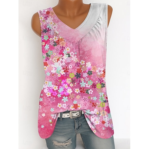  Femmes Débardeur caraco Fleuri Graphique ancien Tropical Élégant Sans manches Col en V Hauts Longs Quotidien Imprimé Rose Claire Bleu Vert Été Printemps