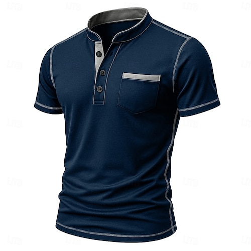  Herre Henly-skjorte T-skjorter Henley Topp Kortermet Helfarge عادي Ensfarget Mote Designer Fritid Knapper Fargeblokk Ren Henley utendørs Avslappet Daglig Sommer Alle årstider Svart Hvit Navyblå