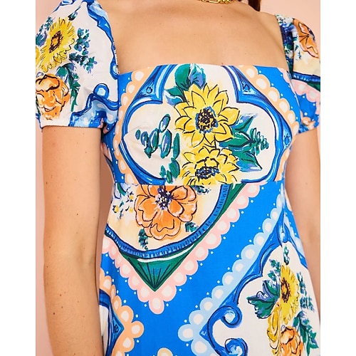  Damen Langes Kleid Maxikleid Baumwoll-Leinen-Kleider Freizeitkleid Mode Outdoor Party Ferien Normale Passform Blume Kurzarm Quadrathals Blau Sommer