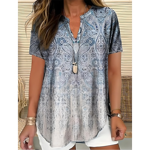  Femmes Chemise Bohème Graphique Paisley Élégant Bohème ancien Manche Courte Col en V Hauts Réguliers Quotidien Fête Sortir Blanche Rose Claire Rouge Bleu Violet Été