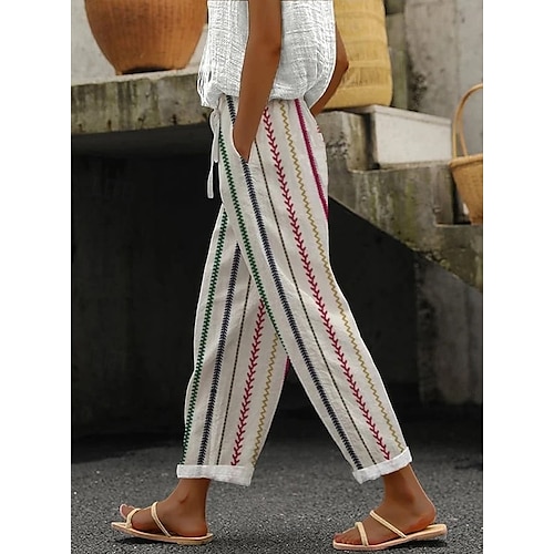  Dame kinesisk Ferie Årgang Etnisk stil Full lengde Høy Midje Stripe Linjer / bølger Stripe Myk Utendørs Pustende Mikroelastisk Formell utendørs Feriereise Hvit Rød Grønn Høst Løstsittende