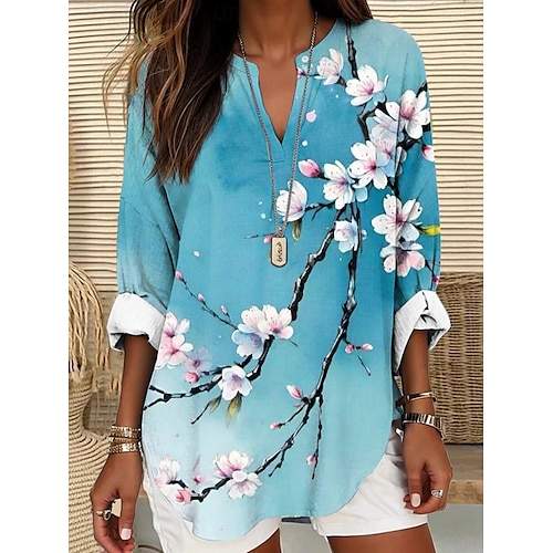  Damen Sommeroberteile Blumen Grafik Vintage Tropisch Hawaiianisch Langarm V Ausschnitt Normale Oberteile Täglich Ferien Strandbekleidung Druck Weiß Hellgrün Blau Khaki Sommer Frühling