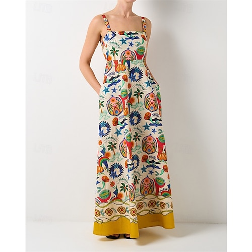  Damen Langes Kleid Maxikleid Baumwoll-Leinen-Kleider Freizeitkleid Mode Outdoor Party Ferien Normale Passform Landschaft Ärmellos Träger Gelb Sommer