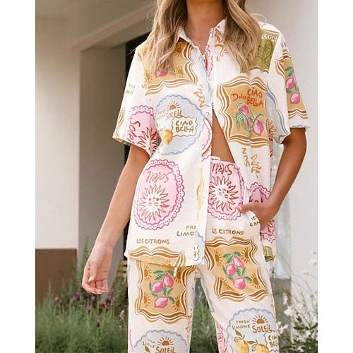  Femmes Mode Streetwear Ensembles en coton et lin Ensembles de Pantalons Manche Courte Col de chemise Usine Imprimé Tenue quotidienne Date Blanche Été Coupe régulière