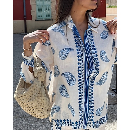  Femmes Mode Streetwear Chemises en coton et lin Ensembles en coton et lin Ensembles de Pantalons manche longue Col de chemise Fleuri Imprimé Tenue quotidienne Date Rose Claire Bleu Beige Été Coupe