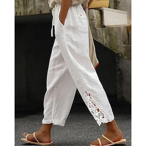 Damen Hose mit Leinenstruktur aus Poly-Baumwolle Abgeschnittene Hose Mode Streetwear Komfort Knöchellang Mittlere Taille Einfach Spitze Bequem Straße Alltagskleidung Ausgehen Schwarz Weiß Blau Grün