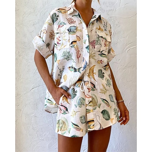 Per donna Moda Streetwear Camicie di cotone e lino Set di Pantaloncini Manica Corta Colletto a Camicia Animale Stampato Abbigliamento quotidiano Data Beige Estate Vestibilità regolare
