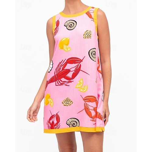  Damen Minikleid Baumwoll-Leinen-Kleider Freizeitkleid Mode Outdoor Party Ferien Normale Passform Tiermotiv Ärmellos Rundhalsausschnitt Rosa Sommer