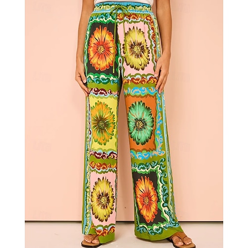  Femmes Mode Streetwear Chemises en coton et lin Ensembles de Pantalons Manche Courte Col de chemise Fleuri Imprimé Tenue quotidienne Date Vert Été Coupe régulière