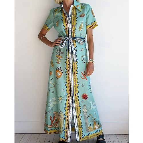  Damen Langes Kleid Maxikleid Baumwoll-Leinen-Kleider Freizeitkleid Mode Outdoor Party Ferien Normale Passform Tropisch Kurzarm Hemdkragen Blau Sommer