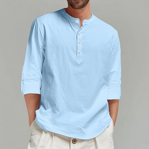 Men's Shirt Linen Shirt Summer Shirt Beach Shirt Solid Color Vacation  Casual Black White Pink Blue Long Sleeve Henley Clothing Apparel Plain 2026  - OMR 10.69