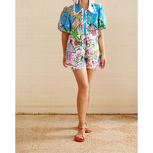  Femmes Mode Streetwear Ensembles en coton et lin Ensembles de Shorts Manche Courte Col de chemise Fleuri Imprimé Tenue quotidienne Date Bleu Été Coupe régulière