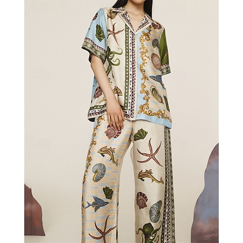  Femmes Mode Streetwear Chemises en coton et lin Ensembles en coton et lin Ensembles de Pantalons Manche Courte Col de chemise Animal Imprimé Tenue quotidienne Date Kaki Été Coupe régulière