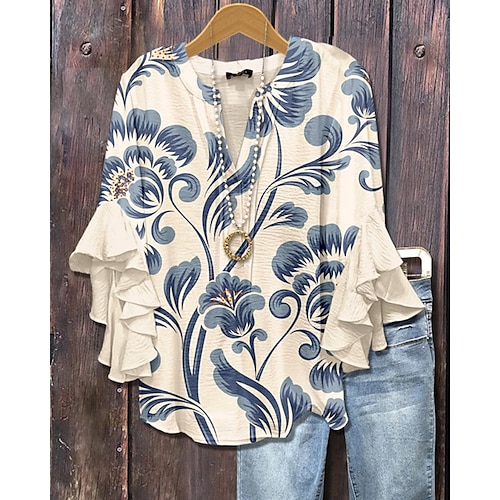  Damen T Shirt T-Shirt Blumen Grafik Mode Modern Halbarm V Ausschnitt Normale Oberteile Täglich Ausgehen Rüsche Druck Rote Blau Purpur Sommer Frühling