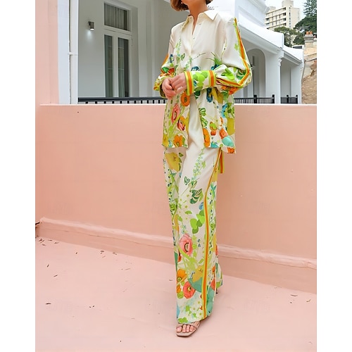  Femmes Mode Streetwear Ensembles de Pantalons manche longue Col de chemise Fleuri Imprimé Tenue quotidienne Date Vert Claire Été Coupe régulière