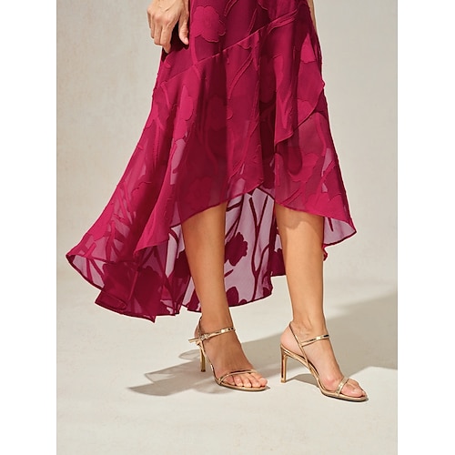  Femmes Robe maxi Robe à Volants Élégant Mariage robe demoiselle d honneur Soirée Coupe régulière Fleuri Sans manches Col en U Rouge Été Printemps