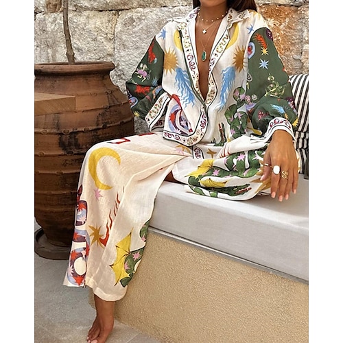  Femmes Mode Streetwear Chemises en coton et lin Ensembles en coton et lin Ensembles de Pantalons manche longue Col de chemise Fleuri Imprimé Tenue quotidienne Date Rose Claire Bleu Beige Été Coupe