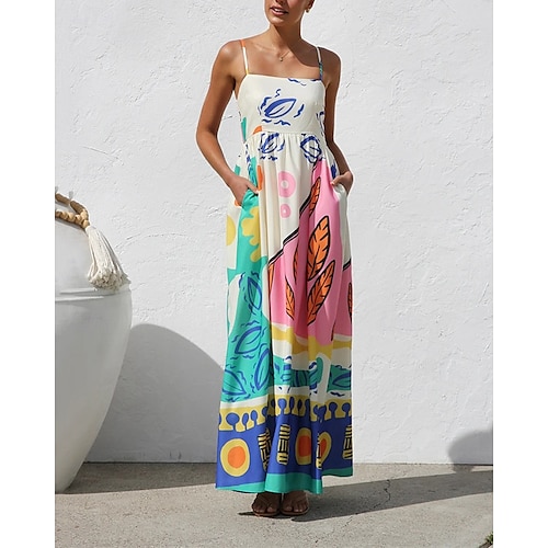  Dámské Dlouhé šaty Maxi šaty Bavlněné lněné šaty Volnočasové šaty Slip Dress Módní Venkovní Párty Dovolená Běžný Barevné bloky Bez rukávů Špagetová ramínka Vodní modrá Léto