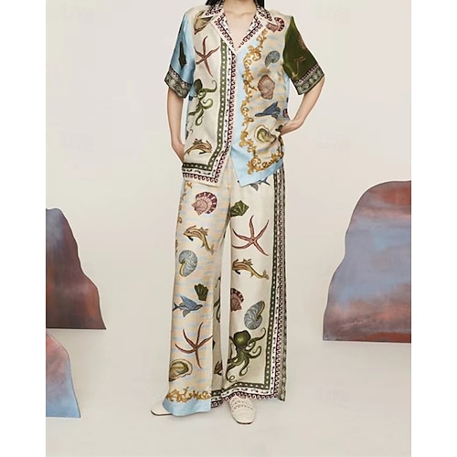  Femmes Mode Streetwear Chemises en coton et lin Ensembles en coton et lin Ensembles de Pantalons Manche Courte Col de chemise Impression Imprimé Tenue quotidienne Date Bleu Été Coupe régulière