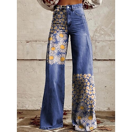 Minetom Damen Hose Boho Hippie Blumen Schlaghose Elegant High Waist