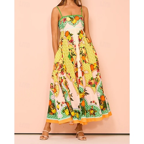  Damen Langes Kleid Maxikleid Baumwoll-Leinen-Kleider Freizeitkleid Unterkleid Mode Outdoor Party Ferien Normale Passform Frucht Ärmellos Spaghettiträger Gelb Sommer