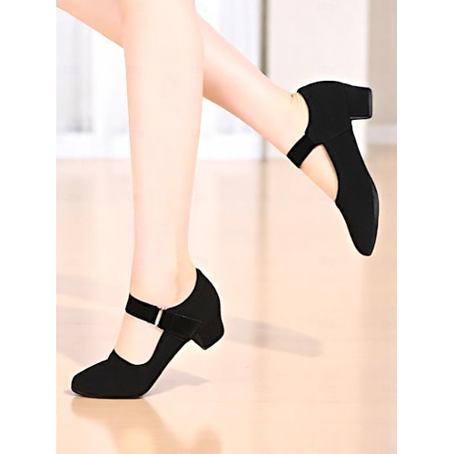 Chaussures de danse à talons bas noires pour femmes, chaussures de danse de salon en tissu extensible respirant pour entraînement professionnel de danse latine ou de jazz