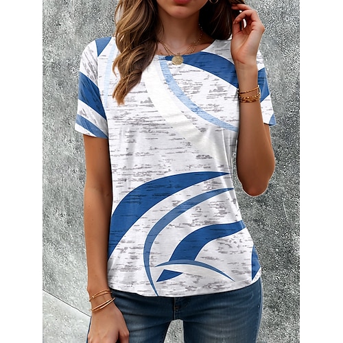  女性用 Tシャツ グラフィック 幾何学模様 ジオメトリ ヴィンテージ スタイリッシュ クラシック 半袖 クルーネック ラウンドネック レギュラートップス 日常 プリント ブルー 夏 春