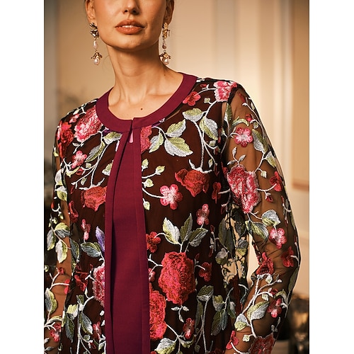  Per donna Insieme del vestito Abito a trapezio cocktail Abiti semi formali Floreale Pizzo Ricamato Abito Midi Manica Lunga Girocollo Formale Feste Borgogna Primavera Autunno Vestibilità regolare
