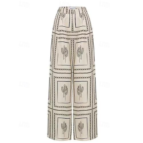  Femmes Mode Streetwear Chemises en coton et lin Ensembles en coton et lin Ensembles de Pantalons Manche Courte Col de chemise Géométrique Imprimé Tenue quotidienne Date Beige Été Coupe régulière