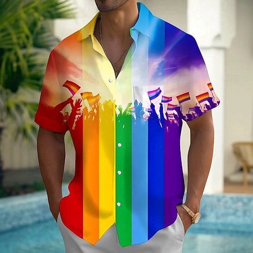  Miesten Sateenkaari LGBT Ylpeys Paita Kesä paita Button Up paita Lyhythihainen Muoti rento Pyhäpäivä Kesä Kevät Sänkyjen avaus 3D-tulostus kauluspaidat Edessä yksi tasku Sateenkaari