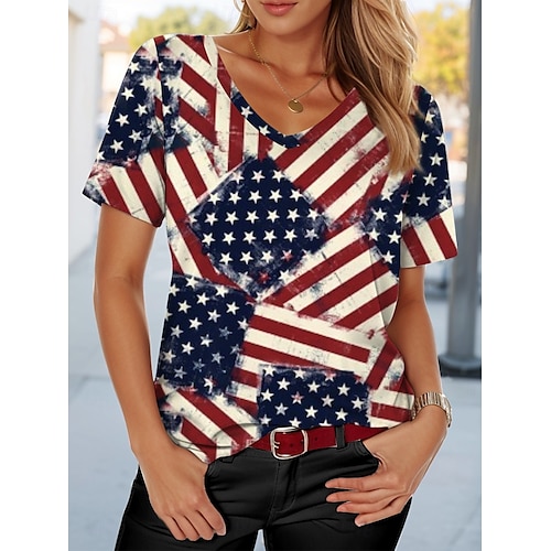  camiseta יום העצמאות לנשים אדום לבן וכחול דגל אמריקאי אופנתי קצר שרוול צוואר V רגיל טופים דפוס יומי אדום קיץ