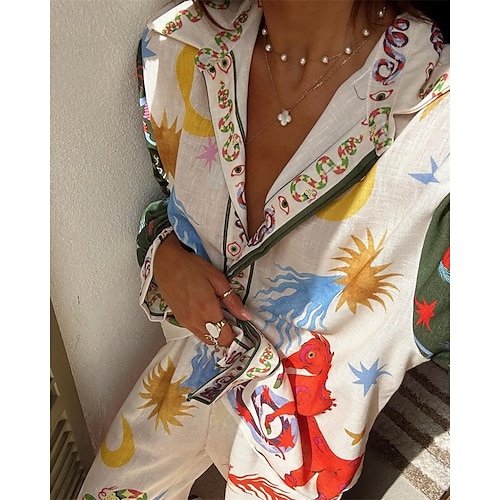  Femmes Mode Streetwear Chemises en coton et lin Ensembles en coton et lin Ensembles de Pantalons manche longue Col de chemise Fleuri Imprimé Tenue quotidienne Date Rose Claire Bleu Beige Été Coupe