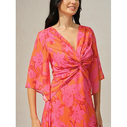  Per donna Vestito maxi Abito linea A Elegante Manica svasata Invitati del matrimonio Cocktail party Standard Floreale Manica a 3/4 A V Rosso Estate
