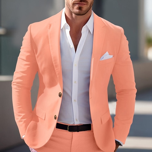 Hombre Graduación chaqueta Negocio Fiesta de Cóctel Fiesta de Boda Moda Casual Primavera & Otoño Poliéster Color sólido Botones Bolsillo Cómodo Botonadura Simple Chaqueta de sport Rosa Claro Amarillo
