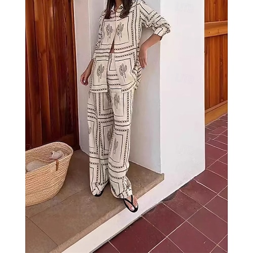  Femmes Mode Streetwear Chemises en coton et lin Ensembles en coton et lin Ensembles de Pantalons Manche Courte Col de chemise Géométrique Imprimé Tenue quotidienne Date Beige Été Coupe régulière