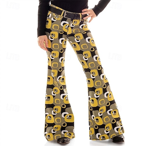 Retro Vintage 1970s Groovy Bell Bottom Pants Flared Trousers Disco mid rise Psychedelic Fancy Dress Women's Halloween Carnival Vacation Music Festival