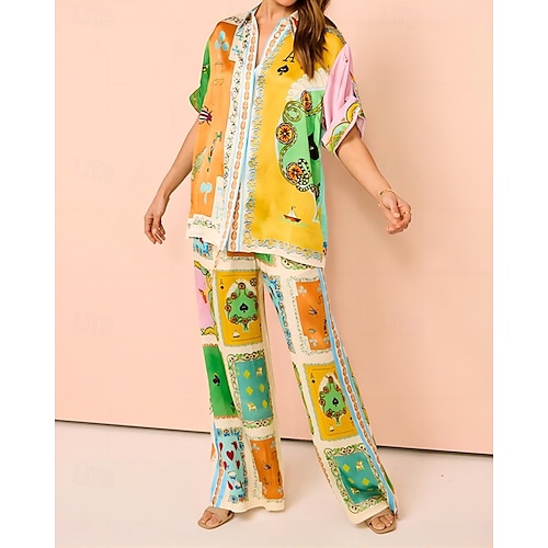  Femmes Mode Streetwear Chemises en coton et lin Ensembles en coton et lin Ensembles de Pantalons Manche Courte Col de chemise Bloc de Couleur Impression Imprimé Tenue quotidienne Date Jaune Été Coupe