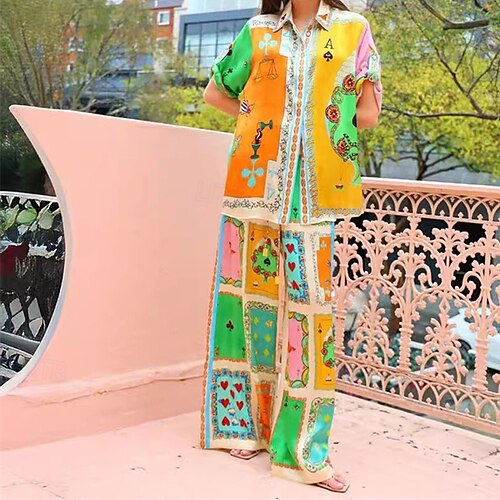  Per donna Moda Streetwear Camicie di cotone e lino Set di biancheria in cotone Set di Pantaloni Manica Corta Colletto a Camicia Blocco di colori Stampato Abbigliamento quotidiano Data Giallo Estate