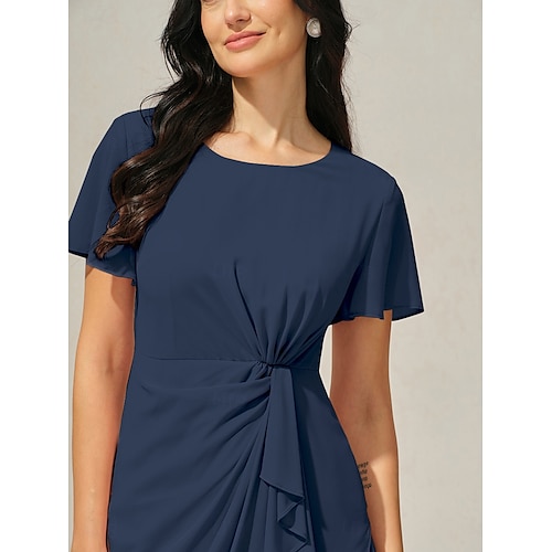  Robe à Plusieurs Couches Femme Robe mi-longue Noeud torsadé robe demoiselle d honneur Soirée Cocktail Elégant Grande occasion Col Ras du Cou Manche Courte Standard Bleu de minuit S M L XL XXL