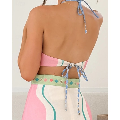  Damen Langes Kleid Maxikleid Baumwoll-Leinen-Kleider Freizeitkleid Mode Outdoor Party Ferien Normale Passform Blume Kurzarm Neckholder Rosa Sommer