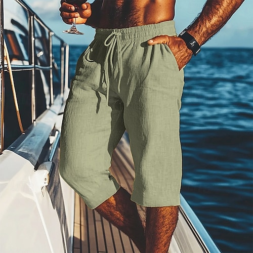  Men's Shorts Linen Shorts Summer Shorts Beach Shorts Pocket Drawstring Elastic Waist Plain Comfort Breathable Calf-Length Vacation Holiday Beach Hawaiian Boho Black White