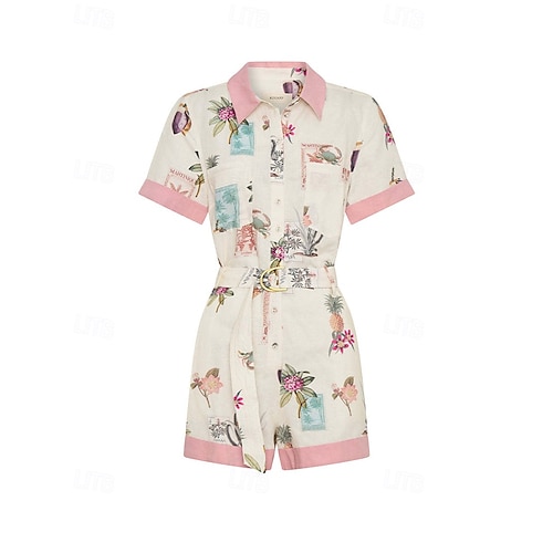  Femmes Normal Combishort Actif Fleuri Manche Courte Tee-shirt Shorts amples Col de chemise Avec Poches Ceinturé Rue Quotidien Coupe régulière Rose Claire Été