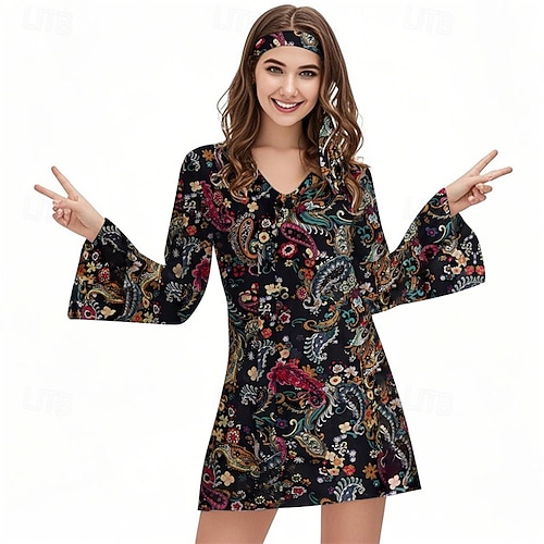 Retro Vintage Boho 1970s Dress Headband Hippie Disco Floral Fancy Dress Women's Halloween Carnival Vacation Music Festival Festival Adults' Dress