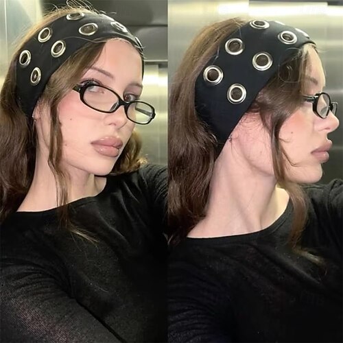 2 Fasce Per Capelli A Maglia Con Occhielli Metallici – Nere, Larghe 9 Cm – Stile Y2K Punk Grunge Per Donna E Ragazza, Per Sport E Tempo Libero
