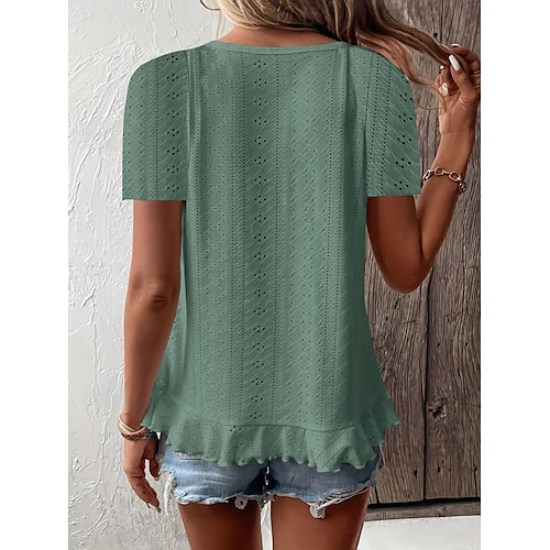  Women's T Shirt Solid Color Plain Basic Casual Short Sleeve Crew Neck Regular Tops Daily Weekend Ruffle Eyelet White Yellow Pink Green Summer