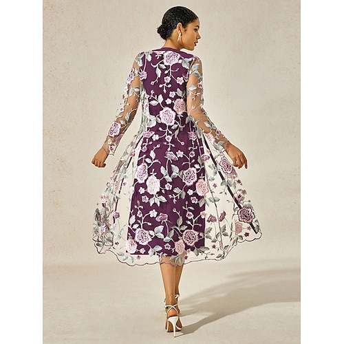  Per donna Abito Midi Tubino Elegante cocktail Abiti semi formali Matrimonio Feste Ospite di nozze Floreale Manica Lunga Girocollo Viola Primavera Autunno Inverno