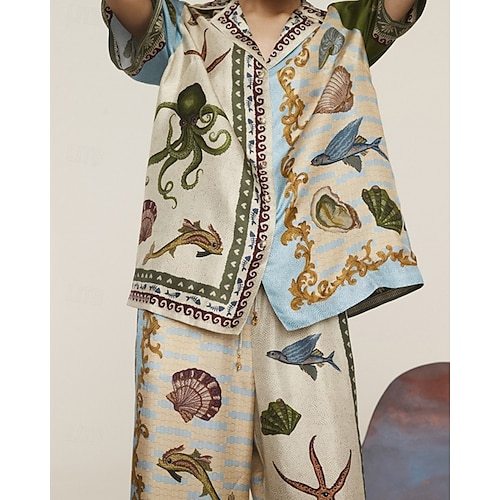  Femmes Mode Streetwear Chemises en coton et lin Ensembles en coton et lin Ensembles de Pantalons Manche Courte Col de chemise Animal Imprimé Tenue quotidienne Date Kaki Été Coupe régulière